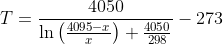 T=\frac{4050}{\ln\left(\frac{4095-x}{x}\right)+\frac{4050}{298}} - 273